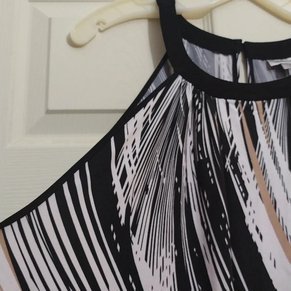 Avenue sleeveless A-trapeeze black/white beige print poly-blend dress size 30/32 - Picture 3 of 8